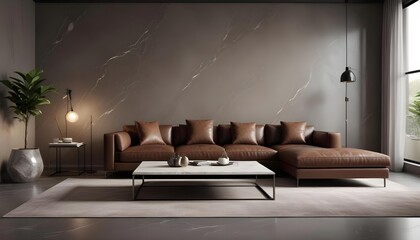 3D rendering of a luxury and modern living room featuring a high-end leather sofa and a stylish lamp.