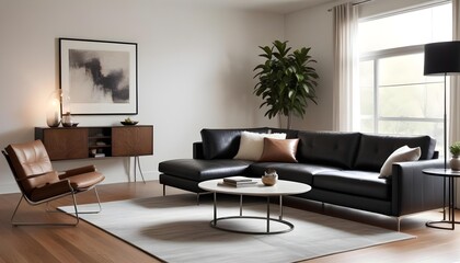 3D rendering of a luxury and modern living room featuring a high-end leather sofa and a stylish lamp.