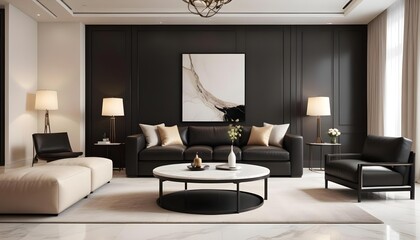3D rendering of a luxury and modern living room featuring a high-end leather sofa and a stylish lamp.