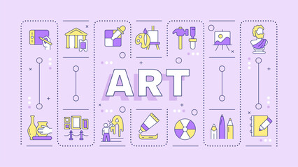 Art light purple word concept. School subject. Painting and sculpture. Academic discipline. Typography banner. Vector illustration with title text, editable icons color. Hubot Sans font used