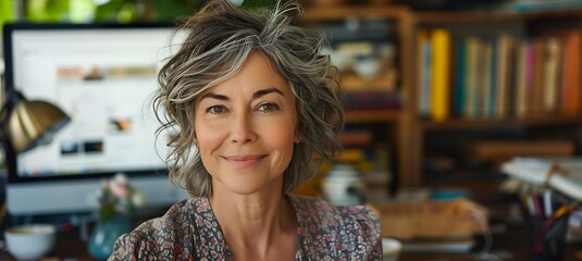 A woman with grey hair smiles while sitting in front of a computer in a cozy home office, ideal for use in media representing remote work, content creation, and mature professional lifestyles,