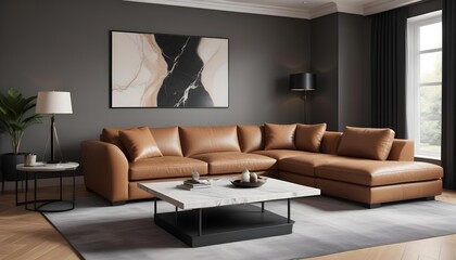 3D rendering of a luxury and modern living room featuring a high-end leather sofa and a stylish lamp.