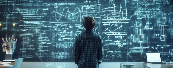A person analyzing complex mathematical formulas and diagrams on a digital screen, representing innovation and problem-solving.