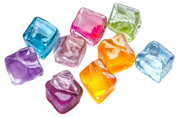 Fototapeta premium Colorful Collection of Transparent Ice Cubes in Blue, Pink, Purple, Orange, and Green, Isolated on Transparent Background