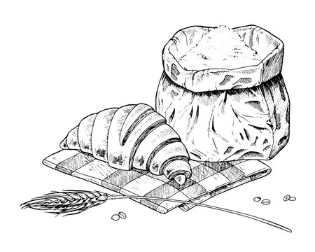 recommend clip art: Pastry Vector hand drawn illustration. Croissant and Flour sketch drawing. Vintage white and black line art on background. Food clipart for graphic design. Bakery elements for shop windows