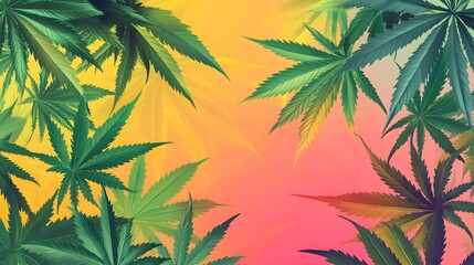 Marijuana leaves on a colorful background, close up top view on cannabis leaves and branches on colorful background for alternative medical and marketing design concept