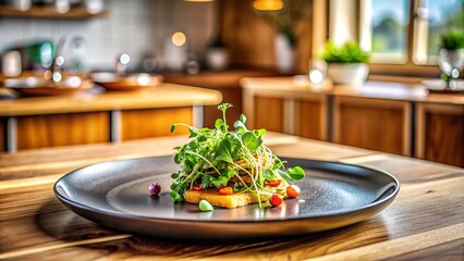 Freshly prepared gourmet meal on a modern ceramic plate, garnished with microgreens, sitting on a minimalist wooden table against a blurred kitchen background.