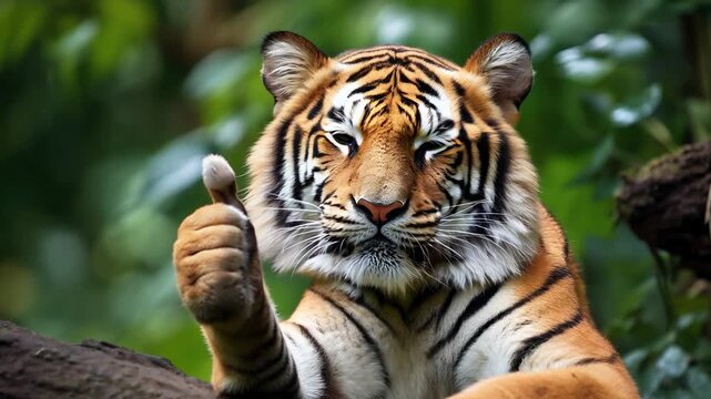 Portrait of friendly tiger making thumbs up gesture.