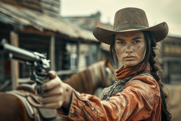Fototapeta premium Dramatic western movie scene personage harsh brutal cowboy beautiful cowgirl, Generative AI