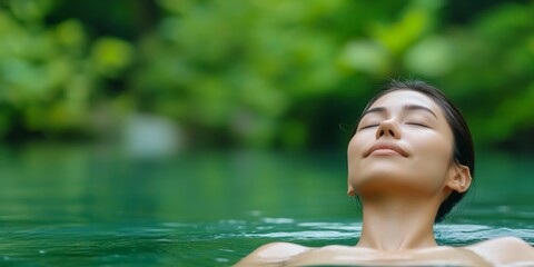 woman relaxing in natural spring water, eyes closed, lush greenery background, tranquility, serenity, peaceful floating, nature spa, wellness retreat.