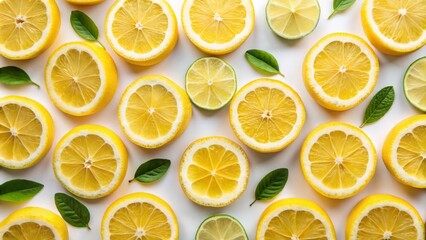 Fototapeta premium Freshly sliced lemons arranged in a decorative pattern on a pristine white background, highlighting their vibrant yellow color and juicy pulp.