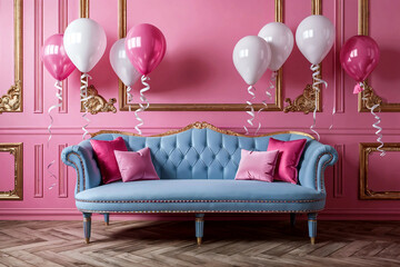 A Luxurious Room With Pink Walls Adorned With Golden Moldings.