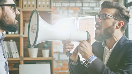 A boss holds a megaphone and speaks loudly. with a male assistant working in the office. - Powered by Adobe