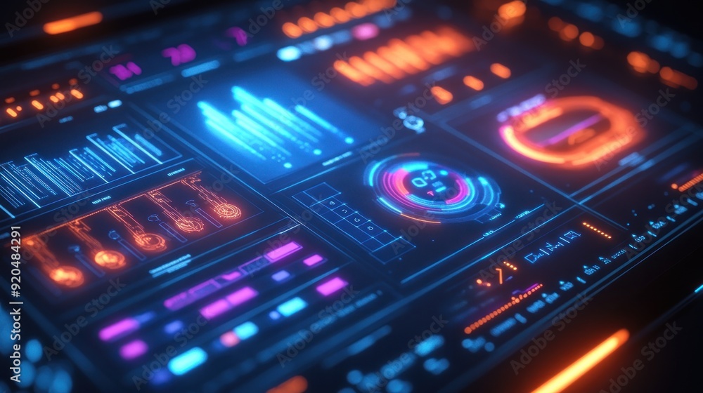 Poster futuristic interface with data visualization and progress indicators