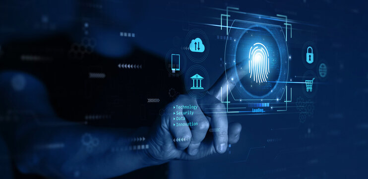  Biometrics security and innovation technology. Concept of securing personal data against hackers. Fingerprint indentification to personal access
