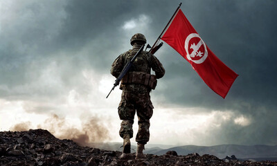 A Soldier In Full Combat Gear, Standing Against A Backdrop Of A Cloudy Sky.