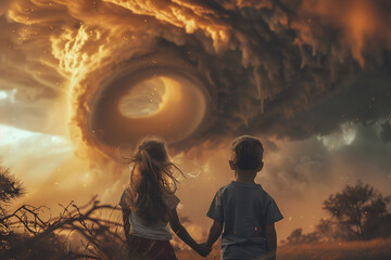 Obraz premium Scary storm day, person in danger under tsunami storm thunderstorm lightning, Generative AI