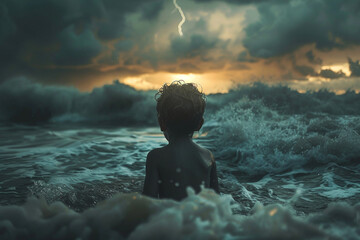 Obraz premium Scary storm day, person in danger under tsunami storm thunderstorm lightning, Generative AI