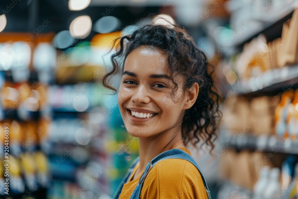 Poster helpful customer service agent recommending products based on customer preferences with bokeh effect