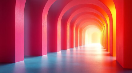A long red tunnel with a bright yellow light shining through it
