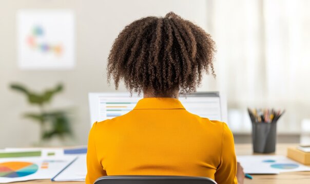 african american woman working at desk with laptop and documents in home office