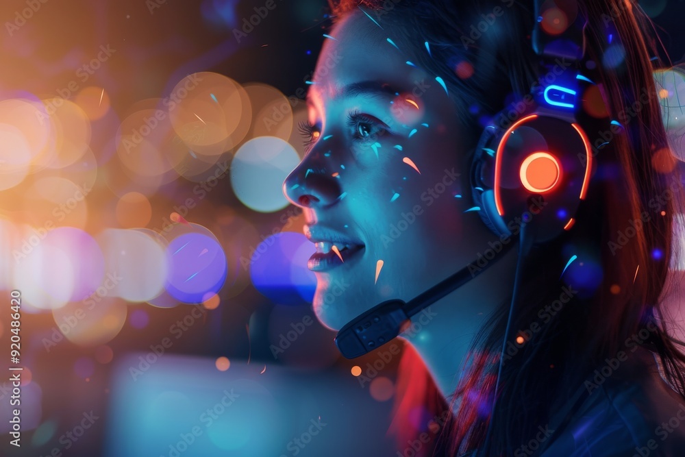 Poster helpful customer service agent recommending products based on customer preferences with bokeh effect