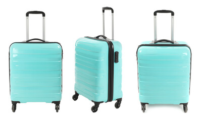 Set of turquoise suitcase on white background, view from different sides