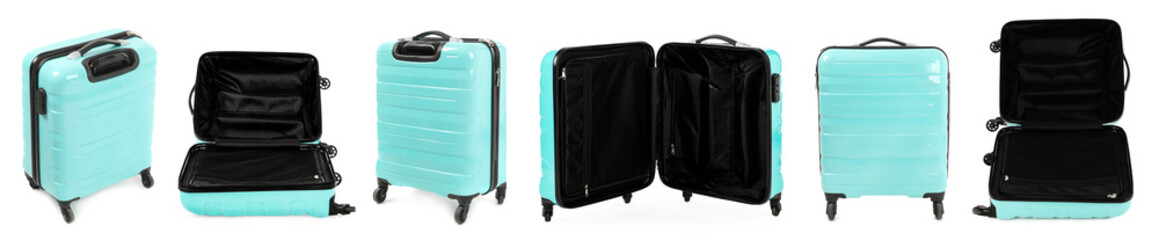 Set of turquoise suitcase on white background, view from different sides