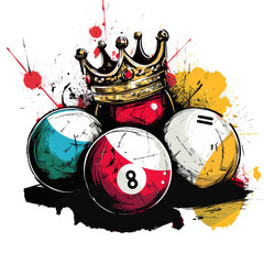 Billiard balls and crown drawn with graffiti in grunge style isolated on transparent