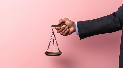 Hands shaking under balanced scales, symbolizing moral agreement and justice, 3D illustration