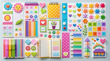 Vibrant colored stickers featuring reminders, text, numbers, and symbols, neatly organized in a collection, perfect for customizing daily planners and journals.