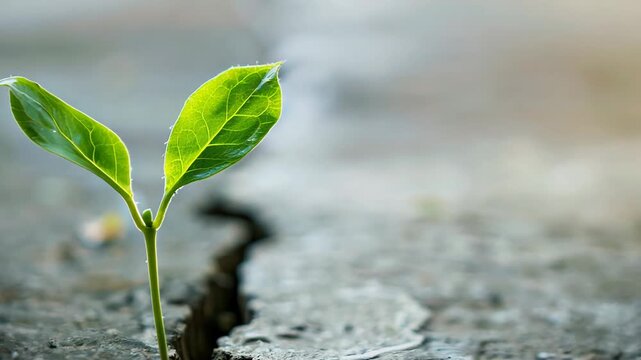 Young Green Plant Sprouting from Concrete Crack, Survival, Symbol of Hope.