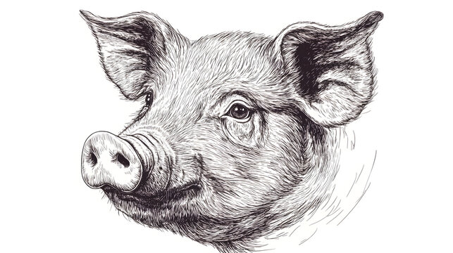 recommend clip art: Farm pig head sketch hand drawn line art engraving Vector illustration
