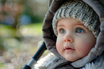 Everyday care promenading with small baby in carriage stroller, city park autumn fall summer time, Generative AI