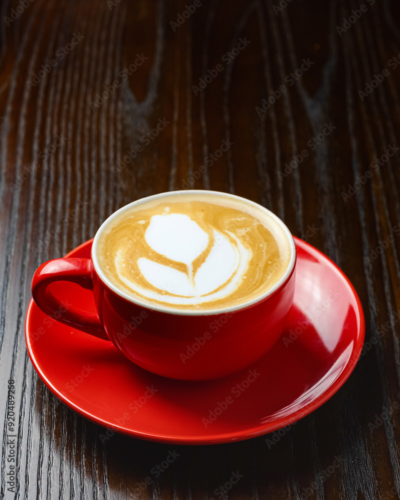 Wall mural a mug of hot, aromatic coffee in a red mug on a wooden table.