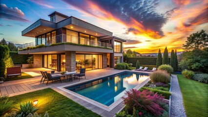 Luxury modern home exterior at sunset with beautifully landscaped garden and private swimming pool, perfectly edited with vibrant colors and crisp details.