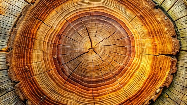 Macro photograph of a cross-cut tree trunk showcasing vibrant growth rings, with varying shades of brown and beige, telling a story of seasons and time.