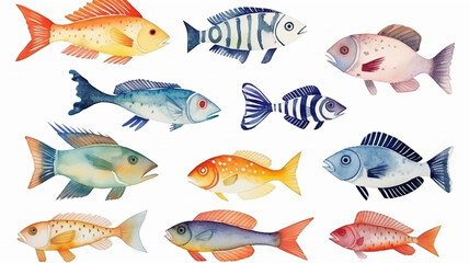 Fototapeta premium sea fish, collection, set, watercolor illustration isolated on a white background multicolored sea fish
