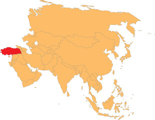 Highlighted map of TURKEY inside detailed blank flat political map of the Asian continent on isolated background