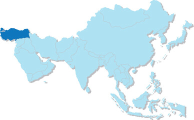 Highlighted map of TURKEY inside detailed blank flat political map of the Asian continent on isolated background