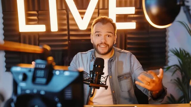 A Young male live streamer streaming online Using a personal studio and podcast microphone. which can be seen from behind with a computer screen The text at the top of the image says Live.