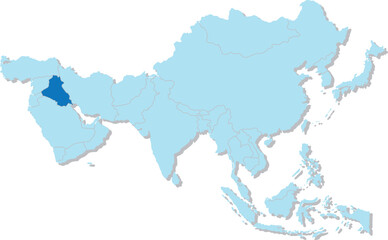 Highlighted map of IRAQ inside detailed blank flat political map of the Asian continent on isolated background