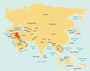 Highlighted map of IRAQ inside detailed blank flat political map of the Asian continent on isolated background
