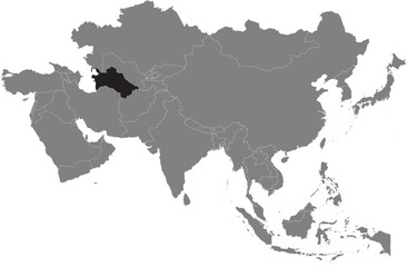 Highlighted map of TURKMENISTAN inside detailed blank flat political map of the Asian continent on isolated background