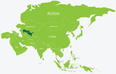 Highlighted map of UZBEKISTAN inside detailed blank flat political map of the Asian continent on isolated background