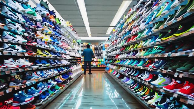 A man standing in front of a large shopping aisle with many shoes.