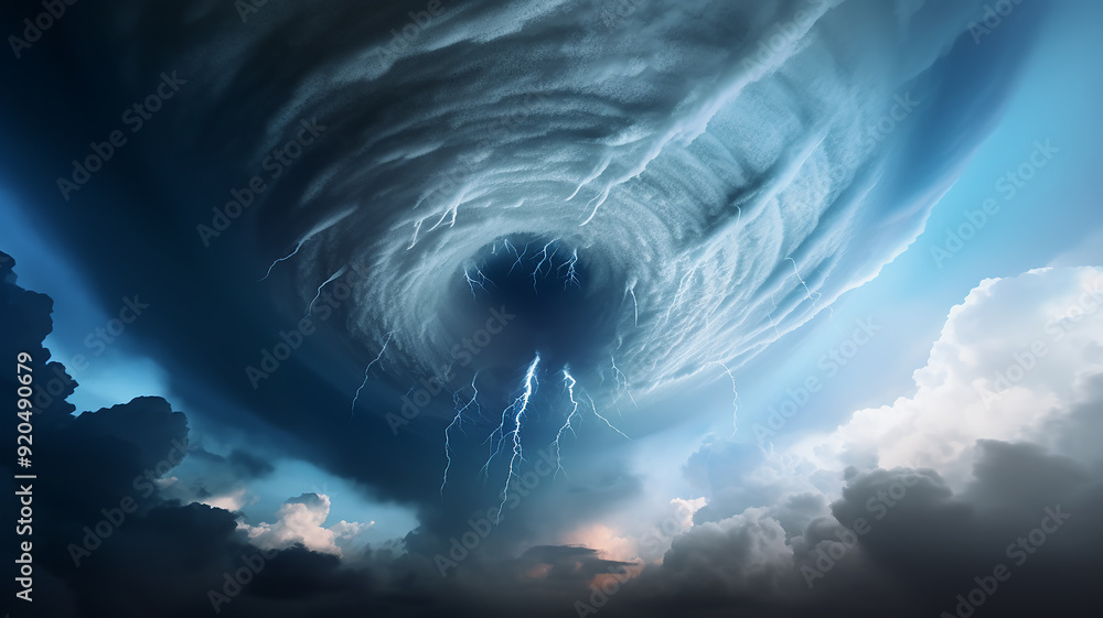 Wall mural tornado with lightning in the clouds, hurricane weather