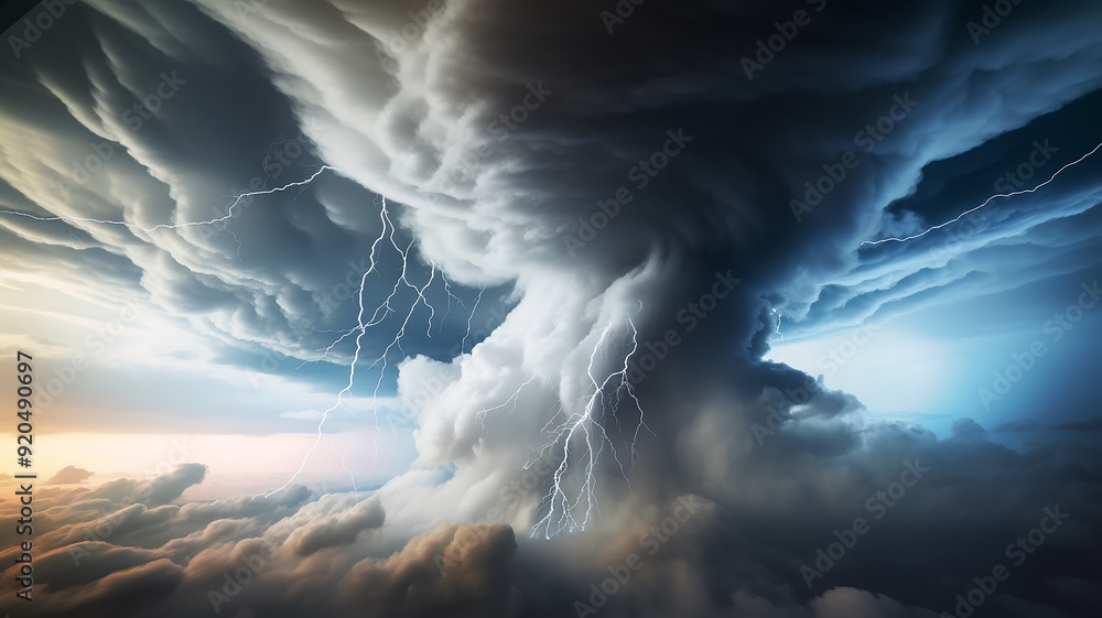 Wall mural tornado with lightning in the clouds, hurricane weather