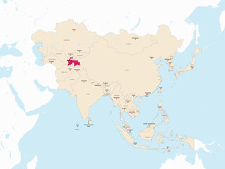 Obraz premium Highlighted map of TAJIKISTAN inside detailed blank flat political map of the Asian continent on isolated background