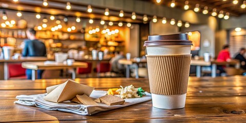 Eco-friendly reusable coffee cup sits on a worn wooden counter amidst scattered sugar packets and napkins in a busy cafe or motorway service station.
